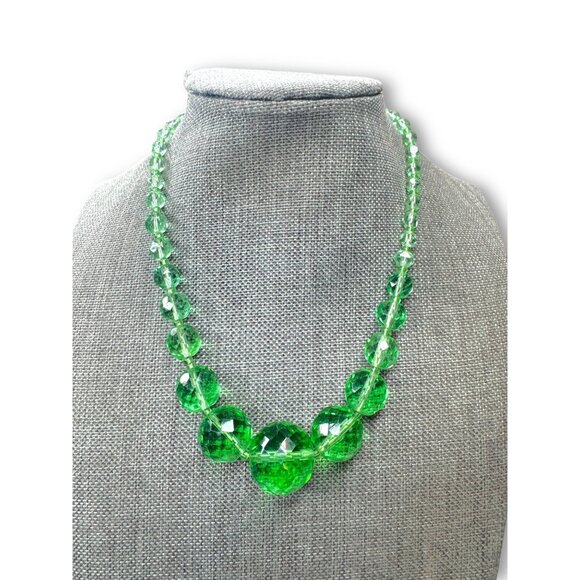Czechoslovakia Jewelry - Antique Art Deco Green Faceted Crystal Bead Necklace Czechoslovakia 15.25"